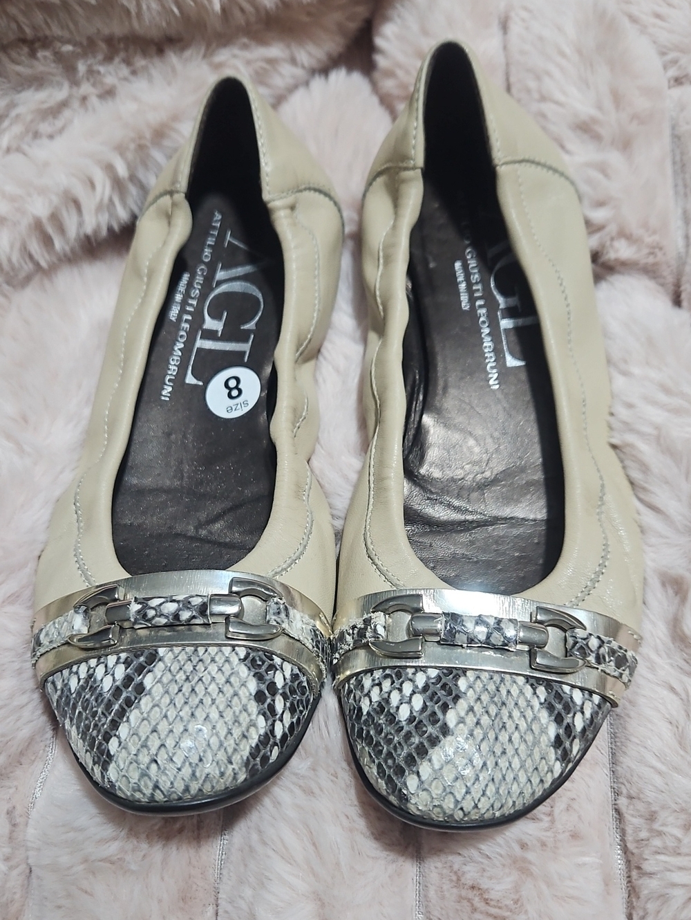 AGL Cream Leather Ballet Flats with Snake-Print Toe and Silver Buckle